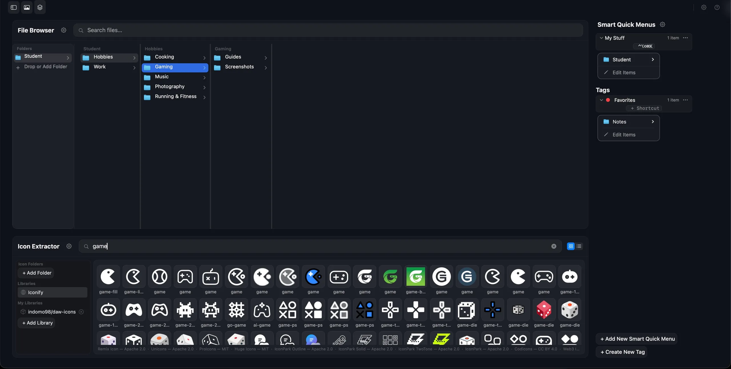 The Quick Menus app window: a file browser drilling from a Student folder through Hobbies into Gaming, an icon extractor below it showing game icons matched from an icon library, and a Smart Quick Menus panel on the right listing menus and tags with their keyboard shortcuts.