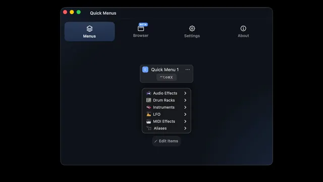 Screenshot of the keyboard shortcut preferences panel in Quick Menus