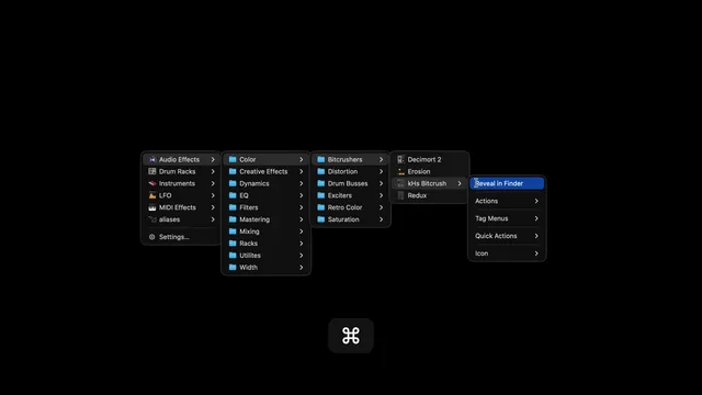 Screenshot of a Quick Menus popup menu showing folder contents