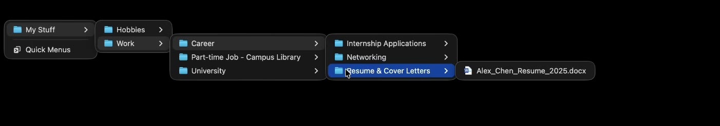 Demo of Quick Menus: pressing a keyboard shortcut opens a cascading popup menu that drills down through nested folders to reveal files, templates, and scripts.